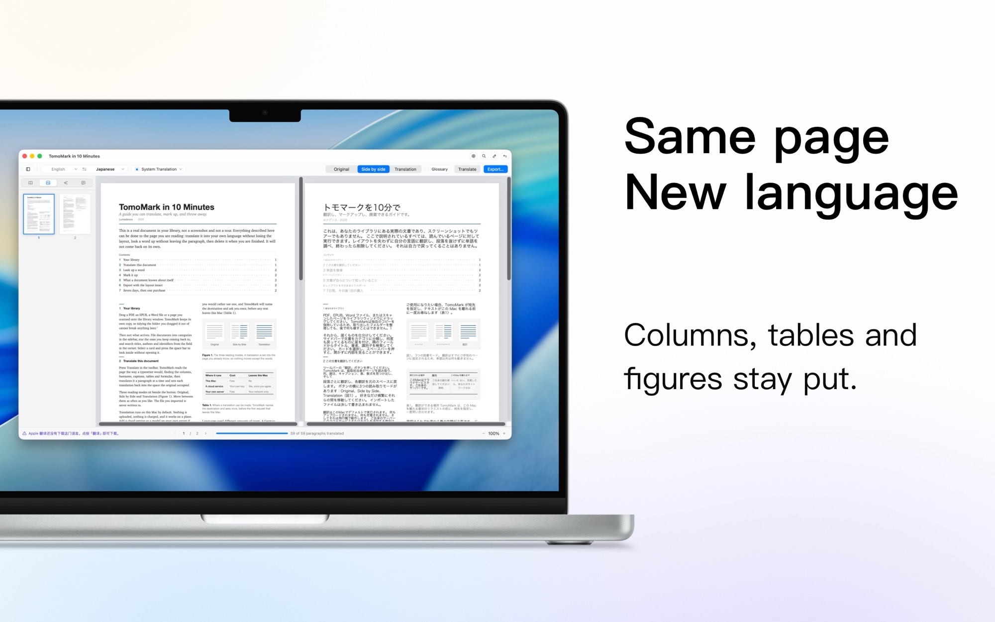 A document translated side by side in TomoMark