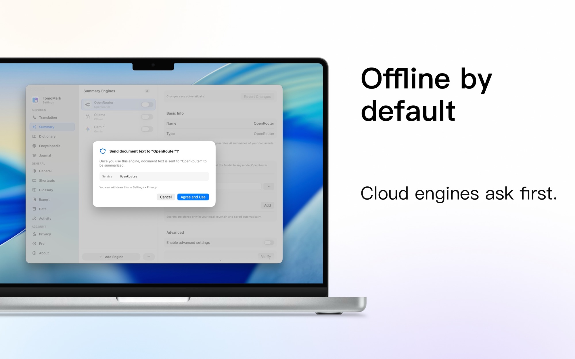 TomoMark asking for consent before using a cloud summary engine