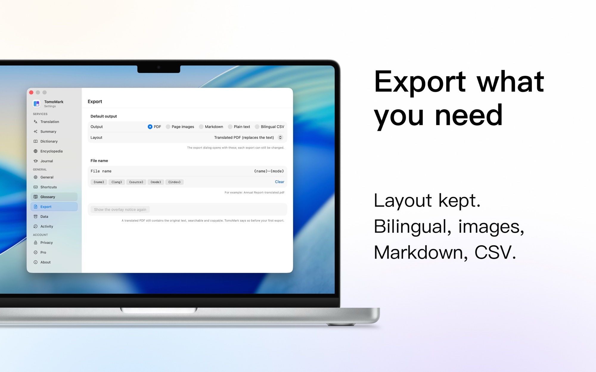 Export format and layout settings in TomoMark